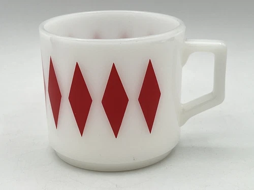 Vintage Fire King Anchor Hocking Milk Glass Harlequin Red Diamond Mug USA