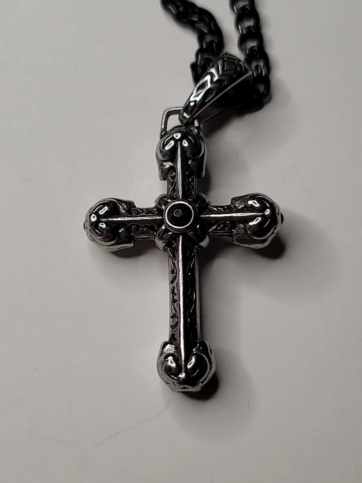 Collar de cadena negra de 22 pulgadas de ágata sintética cruz envejecida de acero inoxidable joyería Foto 4 de 4