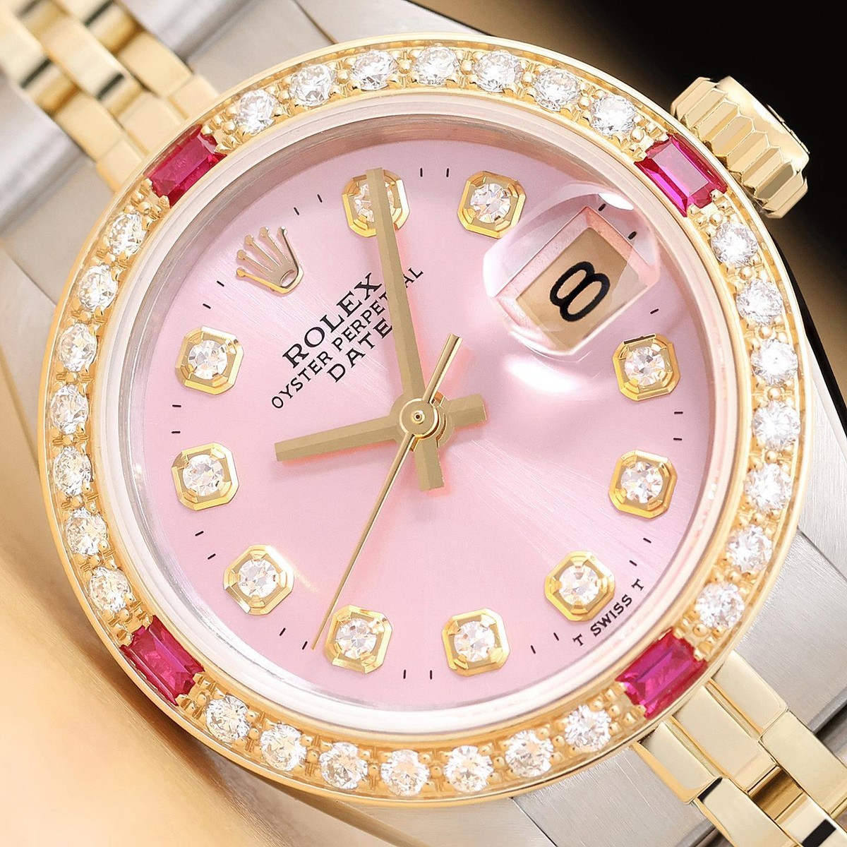 ROLEX LADIES DATE 6917 PINK DIAL DIAMOND RUBY 14K YELLOW GOLD