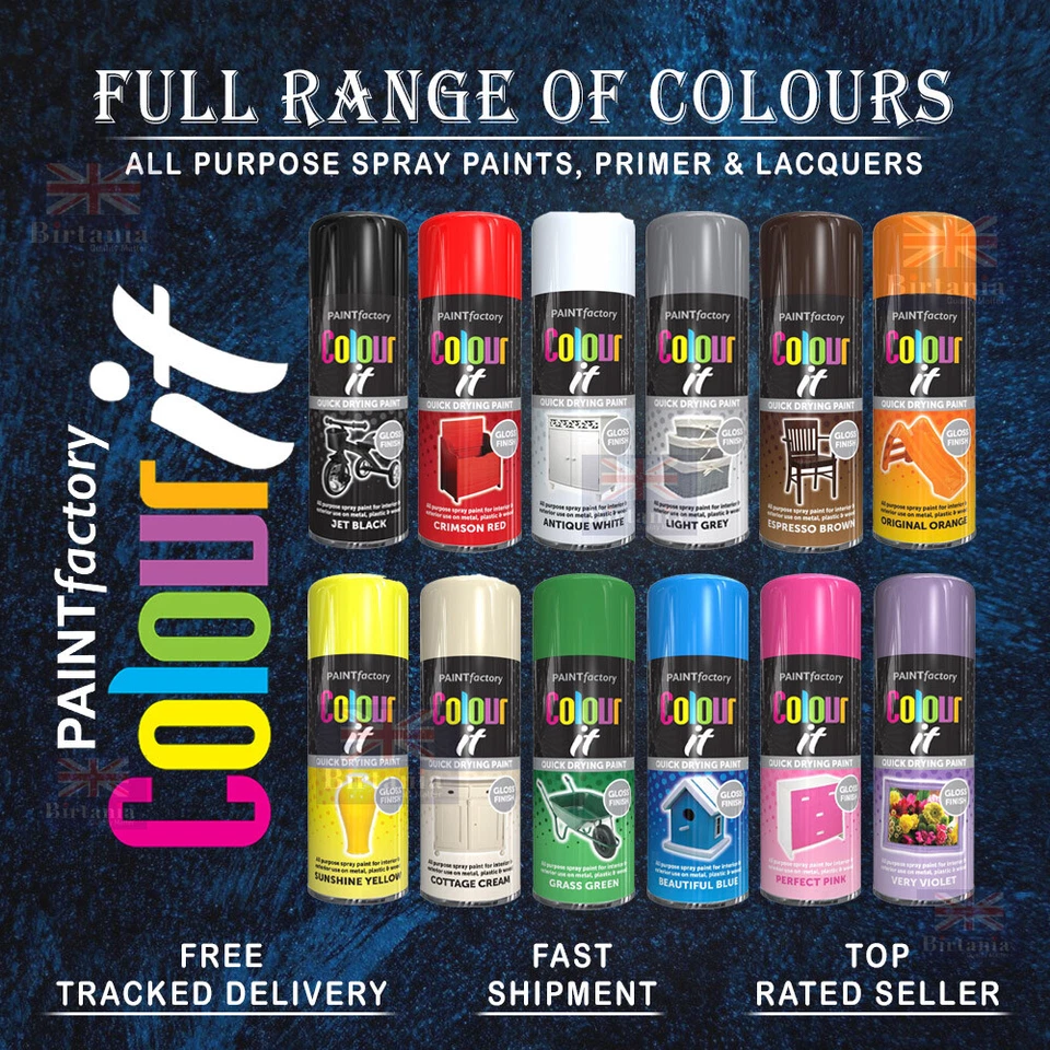 PAINT FACTORY All-Purpose Aerosol Spray Paint Matt Gloss Satin Primer Metal Wood Plastic -B1