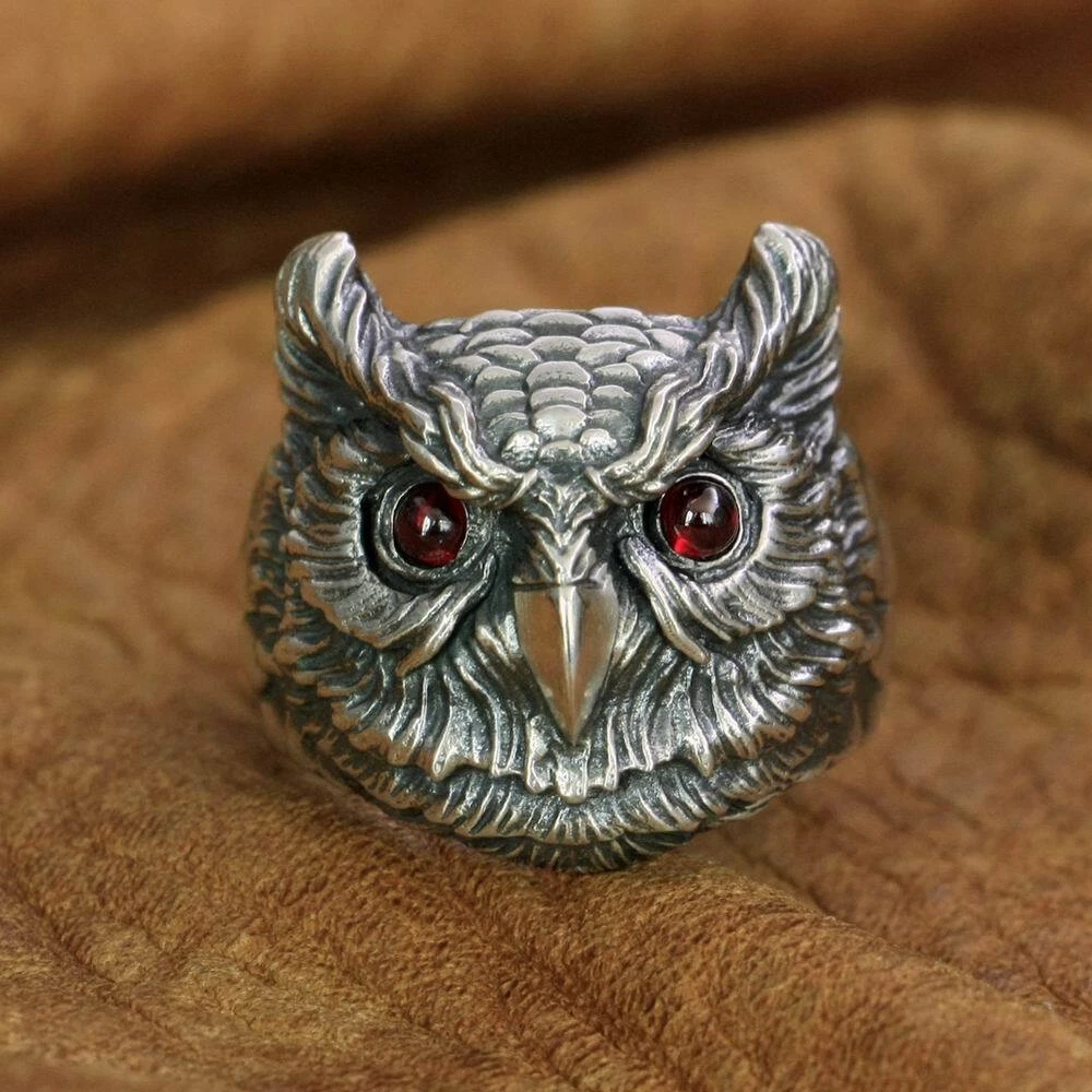 Owl Ring 925 sterling silver Good Luck Wealth Charm amulet Biker Men Ring Gift