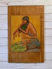 Native American Hand Carved Relief Wood Plaque Painting Eanger Corse Replica