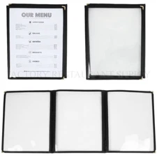 50 PACK 8 1/2" x 11" Black Vinyl 3 Pocket Tri Fold Clear Restaurant Menu Cover