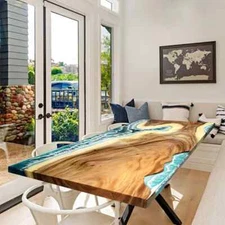 Custom Walnut Ocean Epoxy Dining Table Handmade Kitchen Home Decor