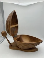 Vintage Large Wooden Nut Cracker Bowl Set Walnut Shaped Bowl