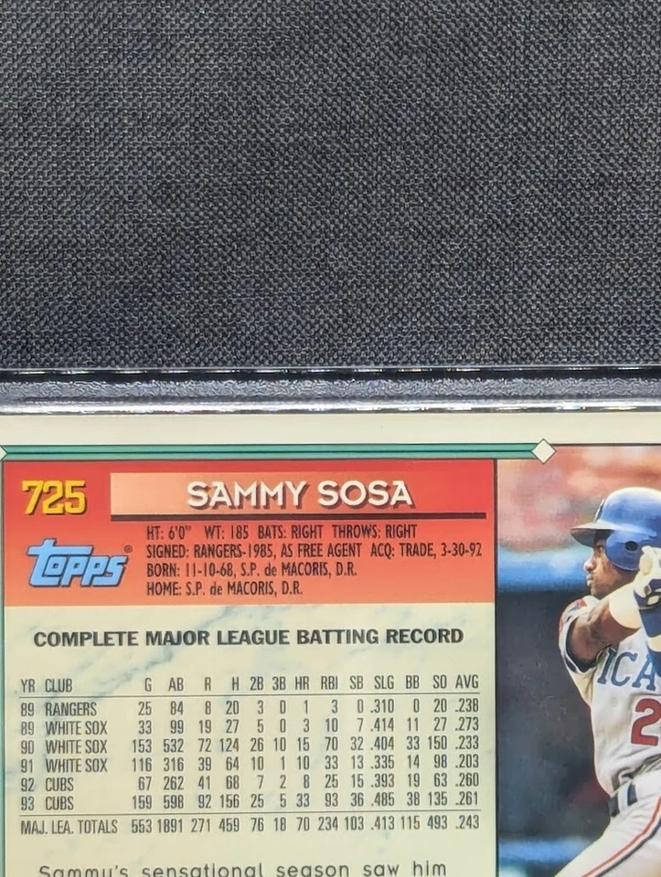 ERROR WRONG DATE OF BIRTH DOB 1994 Topps Gold Sammy Sosa Chicago Cubs #725 - Image 2 of 3
