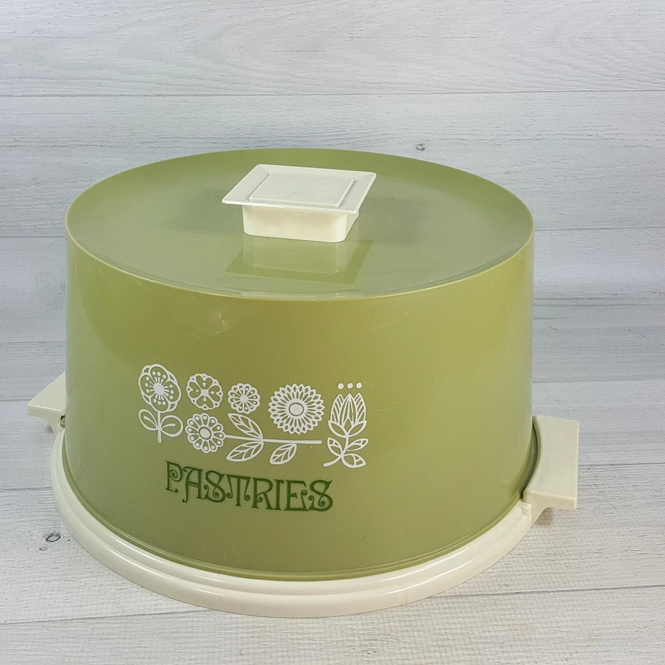 Portapasteles de plástico verde MCM vintage almacenamiento 11 x 7" gráficos de flores Foto 2 de 4