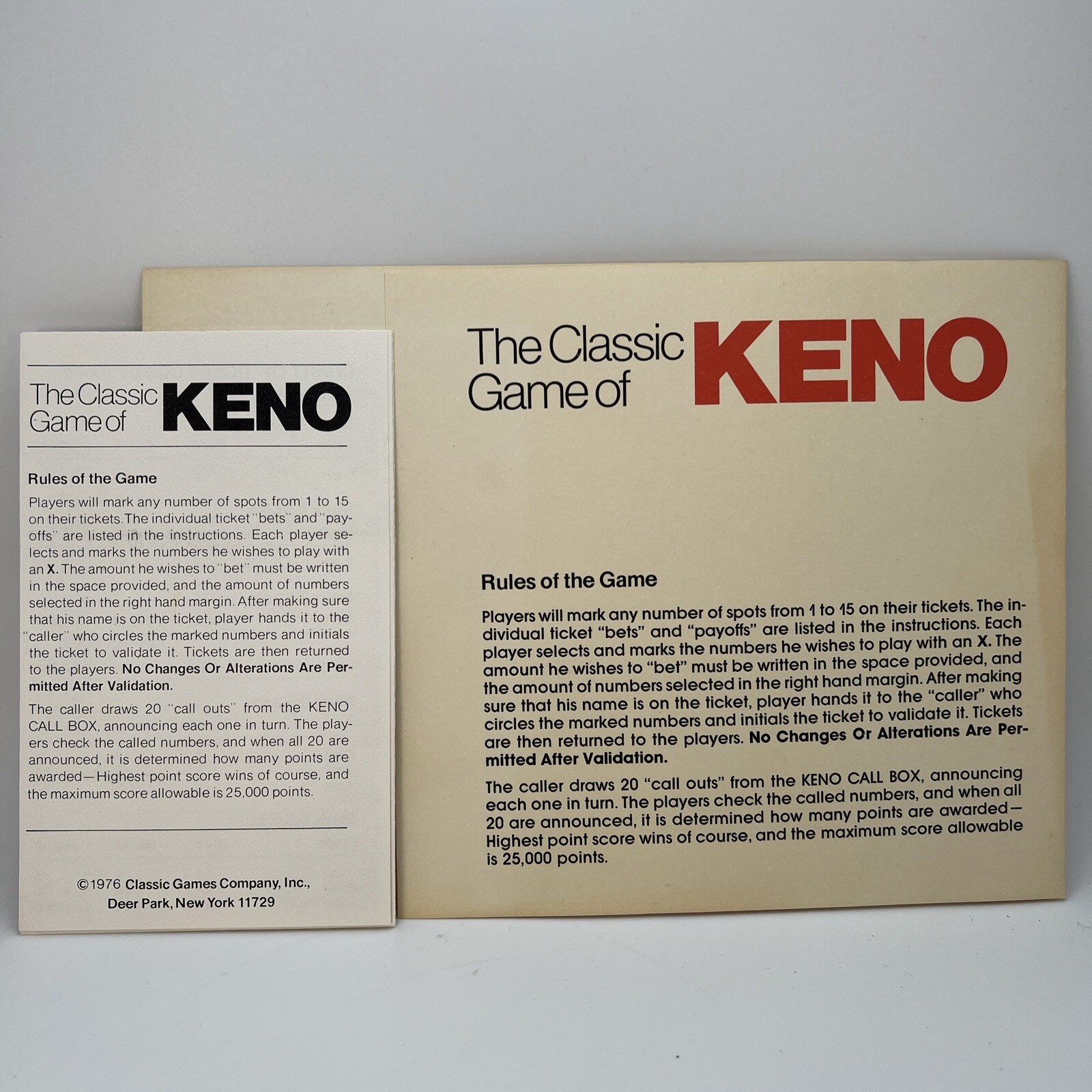 Vintage 1976 Classic Games Co. box with red logo, white text “THE CLASSIC GAME OF KENO,” and instructions.