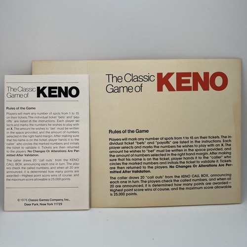 Vintage 1976 Classic Games Co. box with red logo, white text “THE CLASSIC GAME OF KENO,” and instructions.
