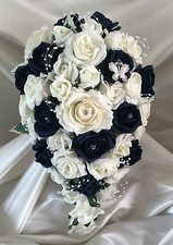 Wedding Flowers Ivory/Navy Roses diamante Bouquet, Bride/Bridesmaids/Buttonholes
