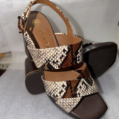 TORY BURCH Ruby Gold Chain Leather  Platform Back Block Heel Square Toe Sandals