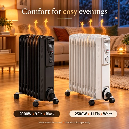 Daewoo Oil Filled Radiator Heater 2000W 9 Fin Black / 2500W 11 Fin White