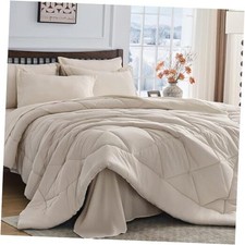 Tan Comforter Set - 7-Piece All Season Bed in a Bag Ultra Soft Queen Beige