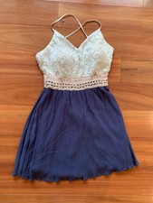 WINDSOR Women's Navy Blue White Lace Top Flowy Summer Short Dress - Size L
