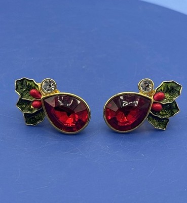 Vintage NINA RICCI NC for Avon Red Rhinestone Clip Earrings Christmas Holly