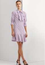 Ralph Lauren Women's Purple Striped Broadcloth Tie-Neck Shirt Dress Size 10