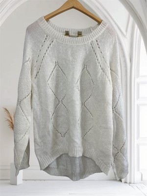 Olivia Sky Woman's Ivory Sweater w/ Diamond Knit Details Sheer w/ Mohair Wool XL
