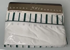 Lady Pepperell King Flat Sheet Luxury 200TC Percale Green White Stripe NEW