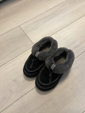 Women  s Black  Gray Moccasin Slippers 6.5 Slip-On Lined Faux Fur Trim