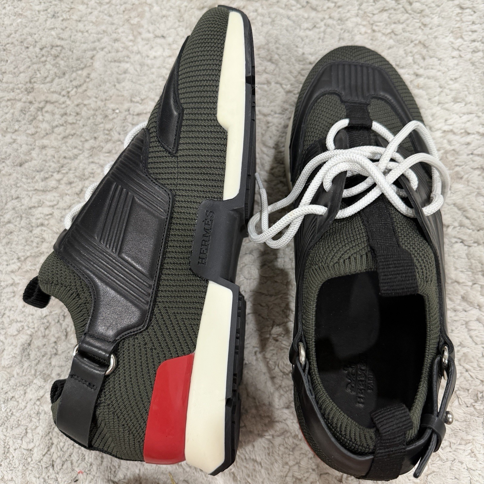 Hermès Men's Casual Sneakers Black Green Mesh Leather Logo Accent Size 8 thumbnail 3