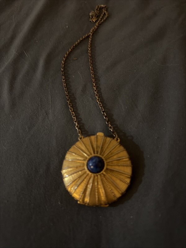 Vintage Estee Lauder Pendant Solid Compact Blue Cabochon Necklace Locket 
