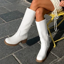 Women Low Block Heel Chic Knee High Boots Square Toe Banana Campus Riding Boots