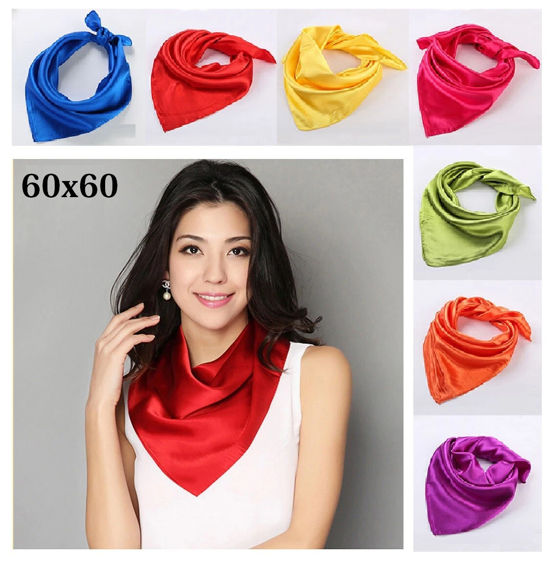 Women Soft Satin Silk Square Scarf Small Plain Neck Wrap Headband 60 60 cm