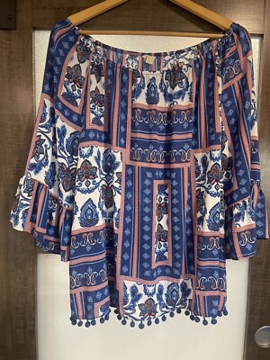 Cato est 1946 Women s Tunic Blouse 3/4 Bell Sleeve PomPom Trim Plus Size XL