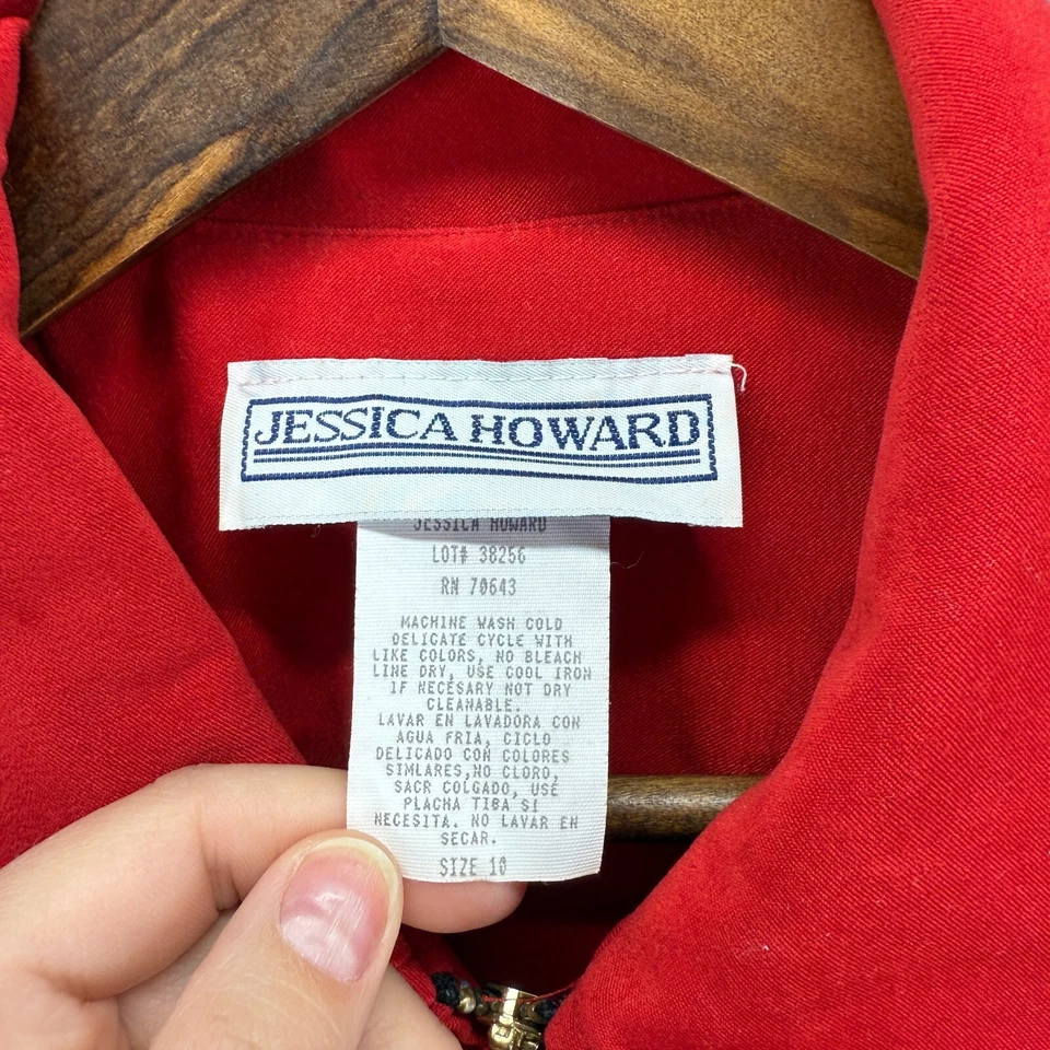 Jessica Howard Jacket Women 10 Red Geometric Full Zip Collared Long Sleeve - Image 3 of 4