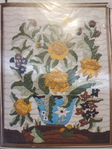 Bernat Tabriz Vintage Quick-Stitch Vase of Flowers Greens Ochre Blue Browns