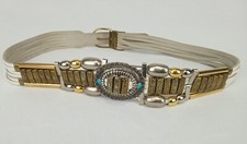 VTG Tooled Country Western Back Brass  Gems Women White Fringe Leather Belt