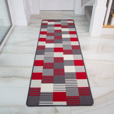 Red Vibrant Patchwork Stripe Non Slip Kitchen Rug Mat Durable