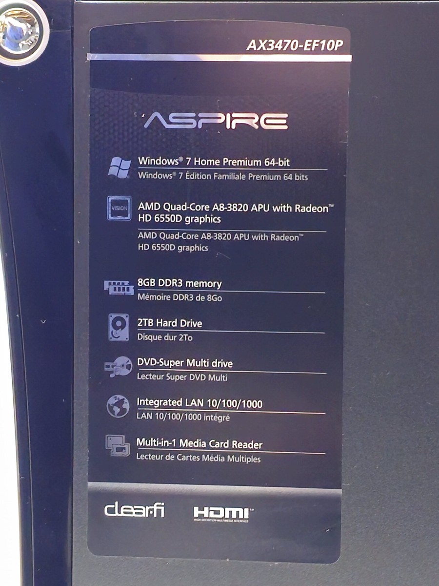 Acer Aspire X3470 AMD A8-3820 + 8GB + 2TB Windows 7 Home