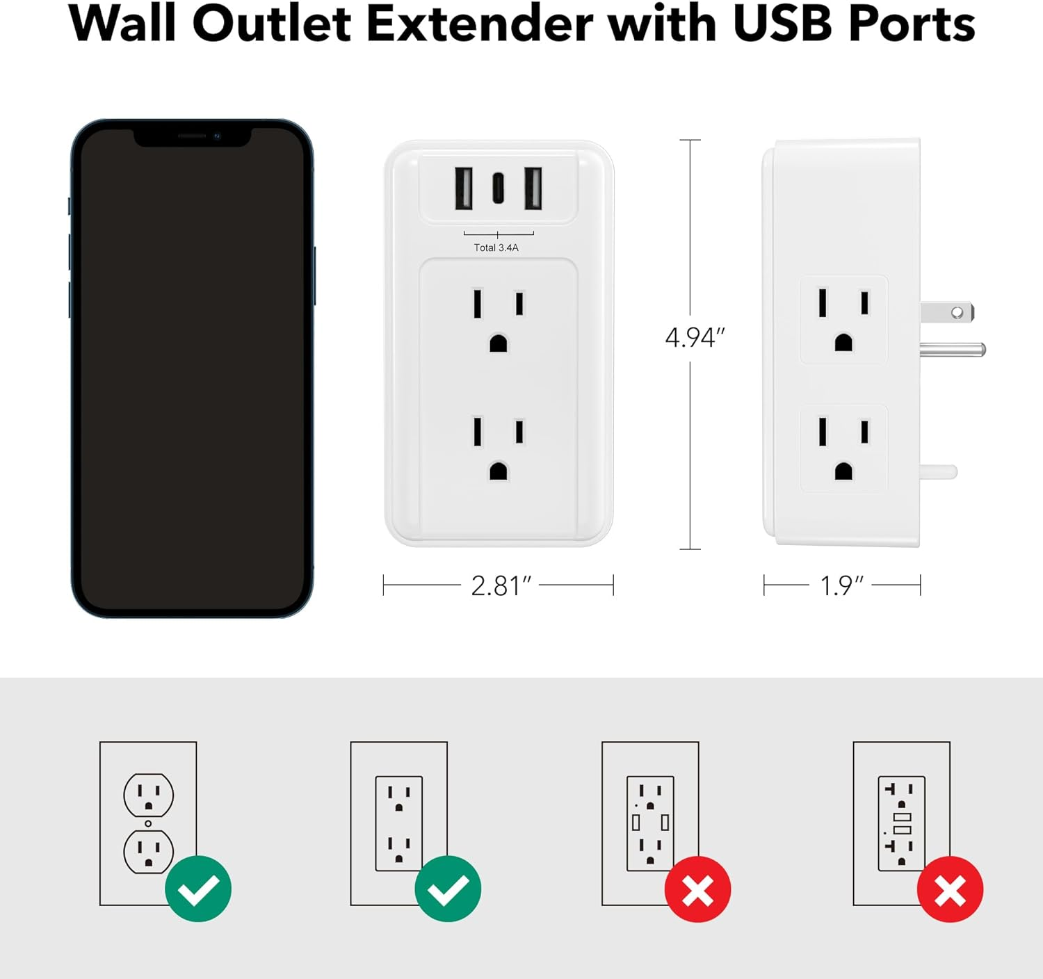 Multiple Plug Outlet Extender, 6 Wall Outlets and 3 USB Ports (1 USB C ...