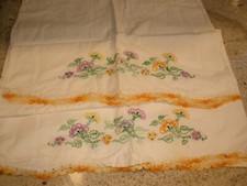 Lot of 2 Standard Pillowcases Handmade Enbrodered Floral with Yellow/Orange Trim