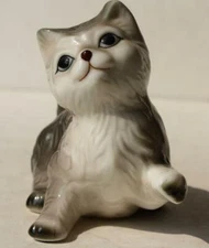 Cat Kitten Figurine Paw Up Black White Striped Bone China Hand Painted Beauty --