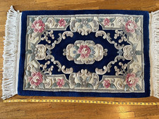 Vintage Navy- Royal Blue, Ivory ,Rose  green Floral Area Rug with Tassels