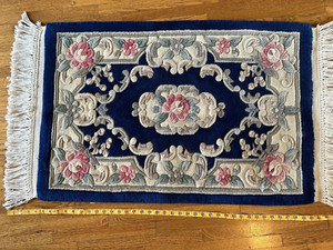 Vintage Navy- Royal? Blue, Ivory ,Rose & green  Floral Area Rug with Tassels