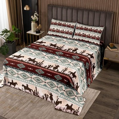 Boho Cowboy Bedding Set King Size Retro Tribal Brown Stripes Bedspread Kids B...
