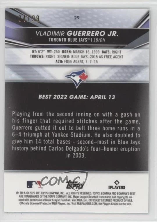 2022 Bowman's Best Green Mini-Diamond Refractor /99 Vladimir Guerrero Jr #29 - Image 2 of 2