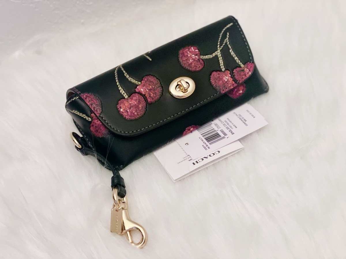 NWT COACH CDD74 Sunglass Case With Cherry Print Gold/Black Multi