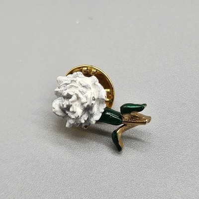 Vintage White Carnation Flower Lapel Pin Brooch Gold Tone Green Enamel