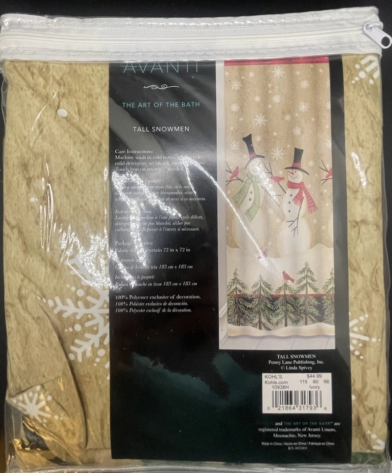 Cortina de ducha de tela Avanti Tall muñecos de nieve con cardenales y pinos 72 X 72 Foto 4 de 4