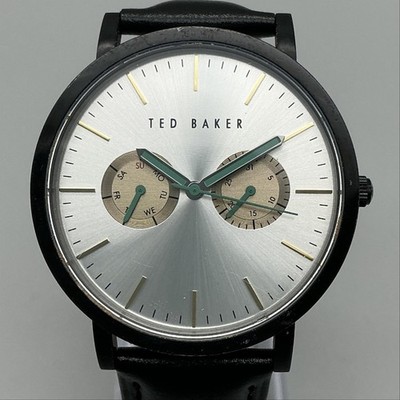 Ted Baker Mens Watch 40mm Silver Tone Leather Day Date Leather Band New Battery