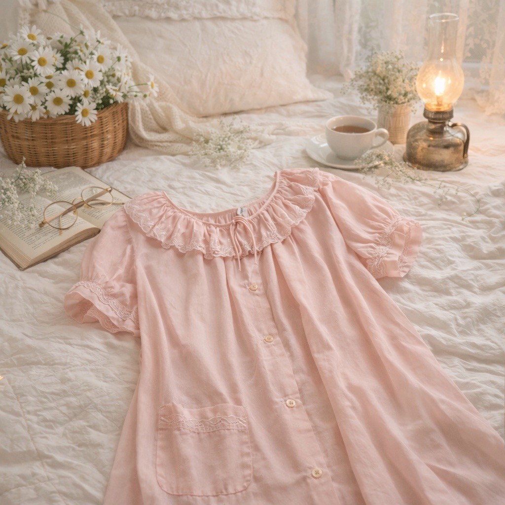 Vintage Pink Cottagecore Nightgown House Dress Ruffle Lace Button Front Med/Lg