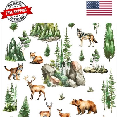 Woodland Animal Window Stickers Clings Watercolor Mountain Animal Tree Wall D...