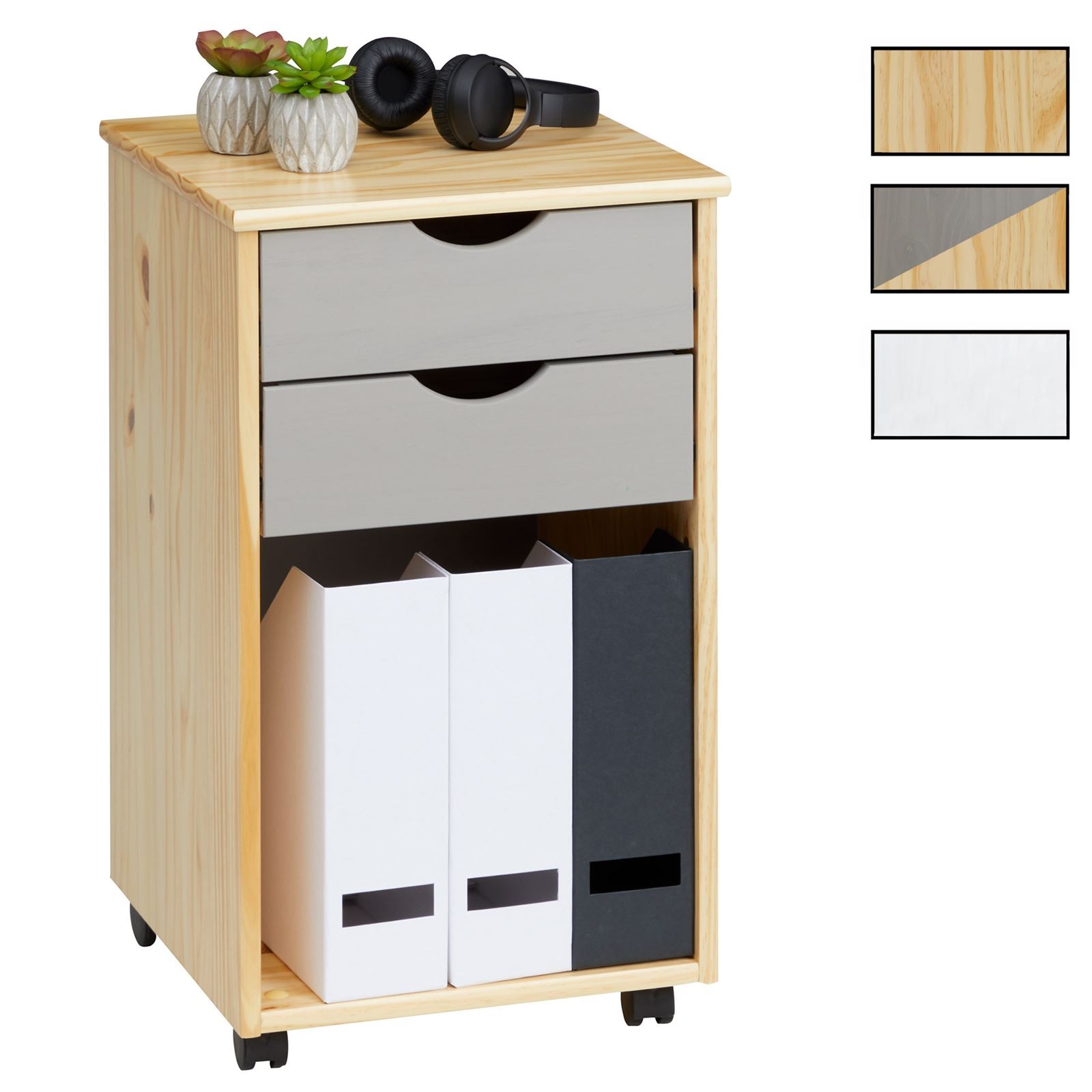 Caisson de bureau premium en pin massif finition artisanale avec 2 tiroirs sur roulettes