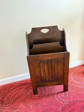 ANTIQUE OAK MAGAZINE PAPER RACK WITH 2 SECTIONS LOVELY LINEN FOLD PANEL TO FRONT