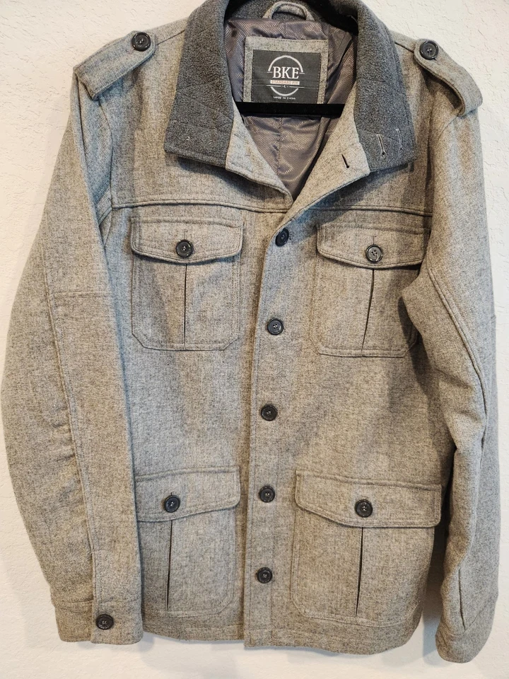 BKE Wool Blend Field Jacket Mens Large Gray Button Front Military Utility... - Image 2 of 4