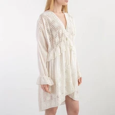 Zimmermann Harlequin Dress AU 10 US 6 White Lace Long Puff Sleeve V Neck Smock